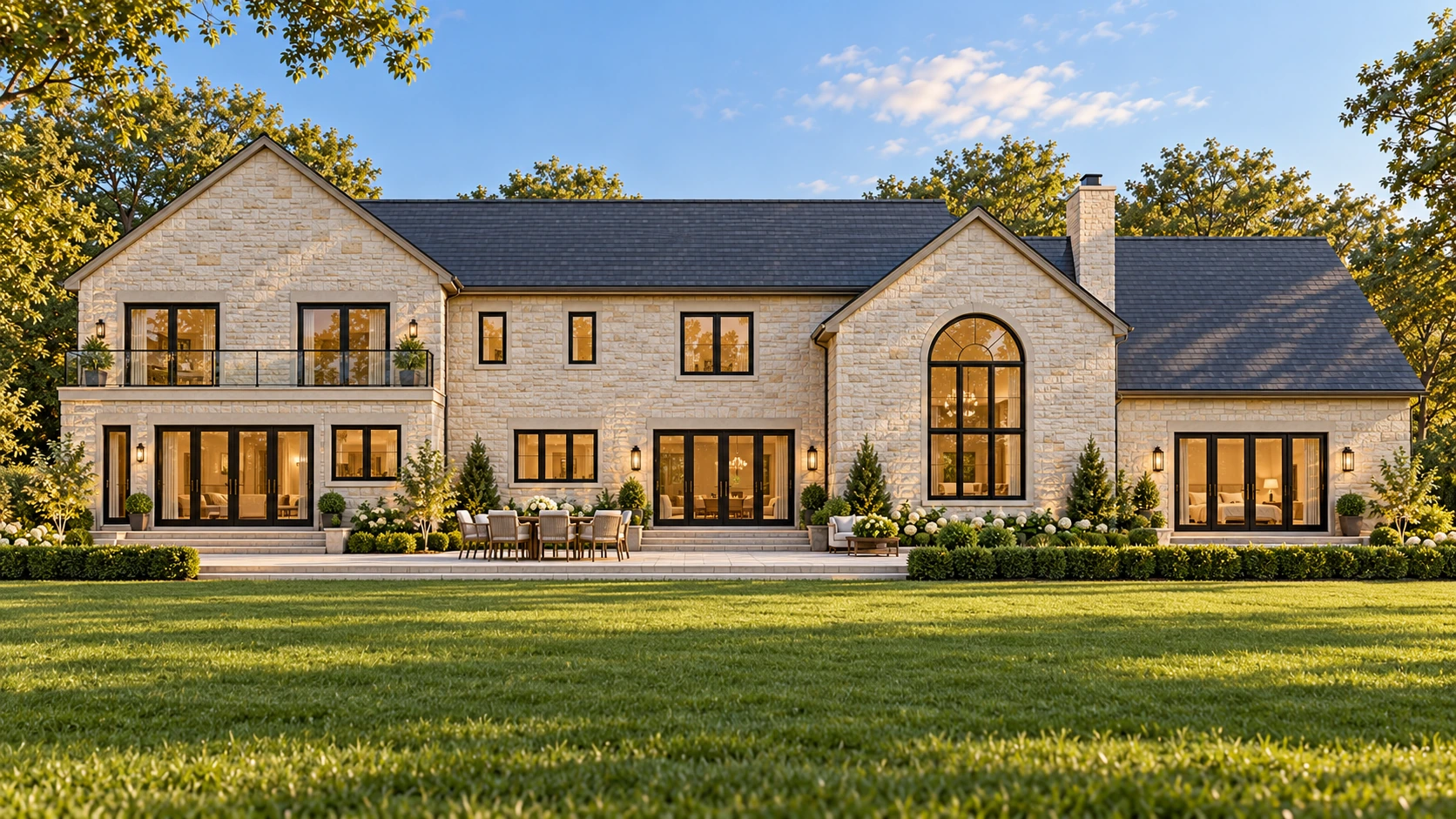 Rear architectural concept showing the planned upper deck, garden-facing windows and stone terraces